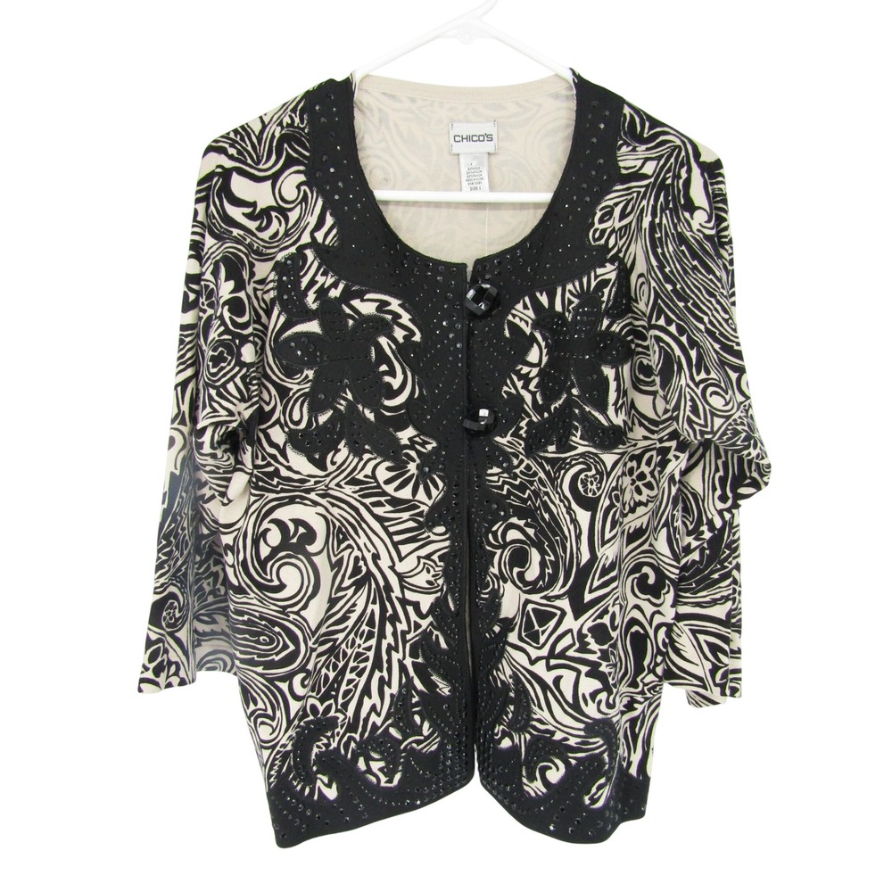 Chico's Onyx Scroll Olivia Cardigan Sweater Sz M Black Paisley Beaded Silk Artsy